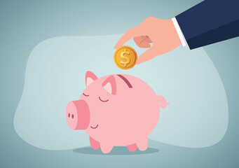 Saving coins into piggy bank. Savings, insurance concept.