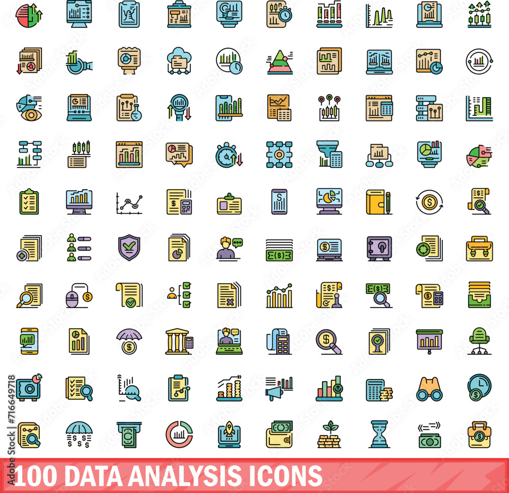 Poster 100 data analysis icons set. color line set of data analysis vector icons thin line color flat on wh