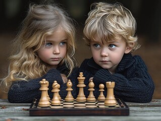 A young boy and girl engage in a strategic battle of wits, their faces filled with determination and excitement, as they play a timeless game of chess on a sunny outdoor tabletop