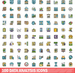100 data analysis icons set. Color line set of data analysis vector icons thin line color flat on white