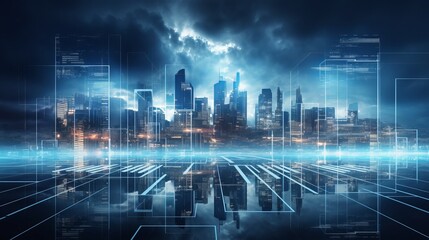 Enchanting night circuit city skyline with ai and digital transformation mockup - smart city concept in double exposure