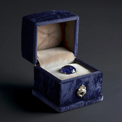 A velvet-lined jewelry box featuring a solitary sapphire gemstone, exuding opulence and sophistication