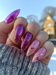 Boldly adorned hand showcases stunning purple nails adorned with glitter and hearts, a perfect fashion accessory for any outdoor event