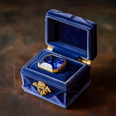 A velvet-lined jewelry box featuring a solitary sapphire gemstone, exuding opulence and sophistication