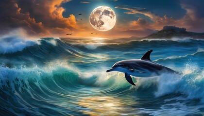 background of amazing crescent full moon over the sea and dolphins under the sea