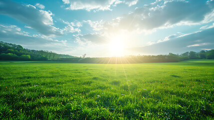 A vibrant green field under a clear sky, bathed in sunlight, creating an open and airy atmosphere