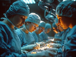 In the sterile operating theater, a team of skilled surgeons donning scrubs and medical gloves prepare to perform a life-saving medical procedure on a patient, surrounded by various medical equipment