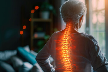 Obraz premium Highlighted Spine Discomfort in Elderly Lady: Digital Composition