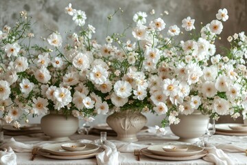 An elegant display of white blooms adorns the table, bringing life and beauty to the space with its delicate porcelain vases and intricate floral design