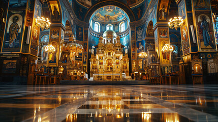 Fototapeta na wymiar An ornate Eastern Orthodox church interior with golden icons intricate frescoes and flickering candlelight.
