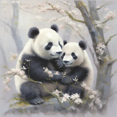 Naklejka premium Adorable cute pandas in a heartwarming moment. Feeling of love and friendship. Soft colors. Valentine's Day concept. For card, postcard, poster