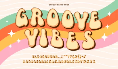 Muurstickers Vintage groovy font, psychedelic groove type, retro hippy typeface, funky English alphabet, exudes nostalgic charm with whimsical curves and hippie flair. Vibrant vector letters and numbers on rainbow © Buch&Bee