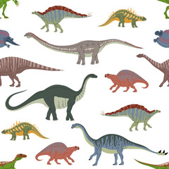 Cartoon dinosaur characters seamless pattern. Cute dino animal personages vector background of eoraptor, lotosaurus, melanorosaurus and apatosaurus, shunosaurus and henodus. Jurassic raptors backdrop