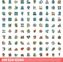 100 eco icons set. Color line set of eco vector icons thin line color flat on white