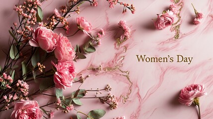 Happy Women's Day pink background with flowers and free space for text.