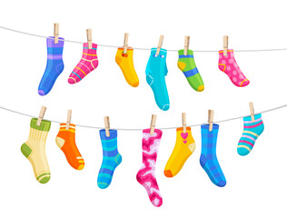 clothesline with socks and clothespins. Cotton and wool footwear hanging on on rope. Cartoon vector hosiery soxes hang side by side on laundry line. Colorful pairs for kids and adults convey freshness