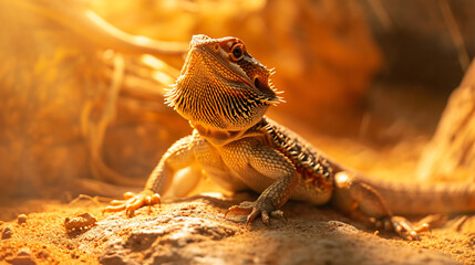 A bearded dragon lizard basking under a heat lamp its scales detailed and distinctive in a desert-themed terrarium.