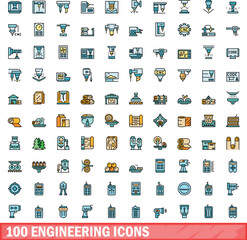 100 engineering icons set. Color line set of engineering vector icons thin line color flat on white