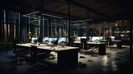 contemporary nighttime office interior with aligned workstations and modern design