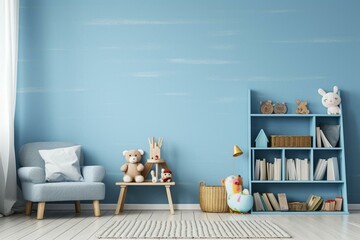 Child's room interior showcasing a mock-up wall with a pleasant blue hue. Generative AI - obrazy, fototapety, plakaty