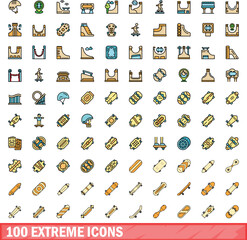 100 extreme icons set. Color line set of extreme vector icons thin line color flat on white