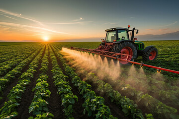 Green Tractor Spraying Pesticides on field Plantation at Sunset.