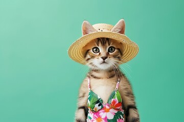 A photo of a cat in a floral bikini, with a tiny sun hat, on a bright green background, capturing the essence of summer, in a cute,
