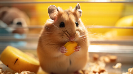 A hamster nibbling on a tiny piece of fruit its cheeks bulging adorably in a well-kept cage with toys.