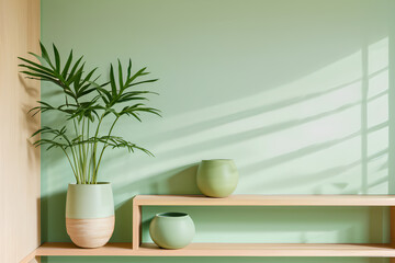 Minimal cozy mockup design for product presentation with shelf and plant in tub against green wall