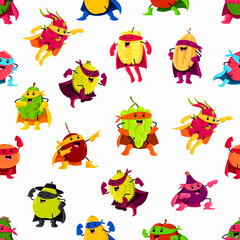 Cartoon fruit superhero and defender characters seamless pattern. Vector tile background with dragon or star fruit, durian, melon, grape. Pear, figs, mango, apple and bergamot, lychee, orange, feijoa