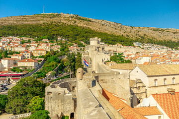 Aerial view on Dubrovnik walls of Croatia. View of Fort Lovrijenac fortress Dubrovnik UNESCO Venetian town of Croatia in Dalmatia. Square of the large Onofrio's Fountain.