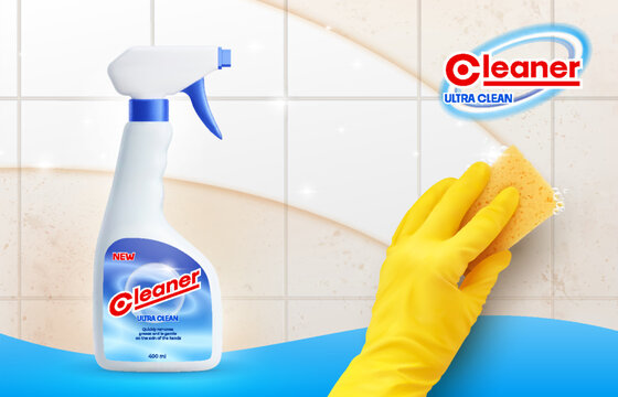 Tile cleaner 3d vector promo banner with hand in rubber glove rubs dirty tiled wall with specialized solution effectively remove grime, stains, and soap scum, restores shine and cleanliness to surface