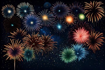 Fototapeta na wymiar Gorgeous multi-colored fireworks display on dark blue night sky, with copyspace 