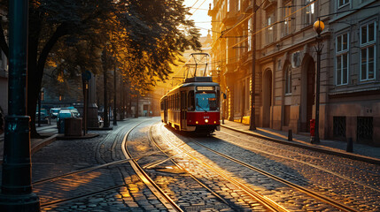 A historical city center with vintage trams and cobblestone streets late afternoon.