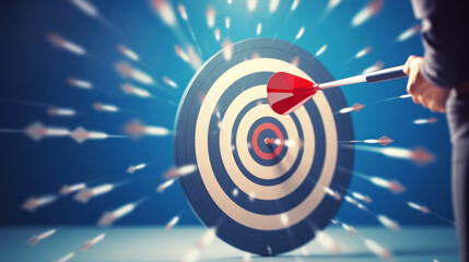 Marketing target strategy, leadership or skill to reach target or achievement, aiming for perfection winning, challenge or accuracy concept, businessman control dart to reach perfect target bullseye.