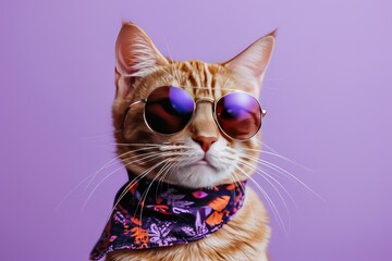 A photo of a cat with a stylish bandana and cool sunglasses, looking at the camera, on a lavender background 