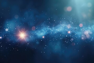 Dark blue background with sparkling stars, particles. Abstract backdrop with bokeh, circles, white and pink light