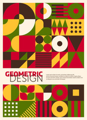 Modern abstract poster with geometric bauhaus pattern in red, green, yellow, brown and white palette. Vector avant-garde composition with bold shapes and elements create a visually compelling design - 716654991