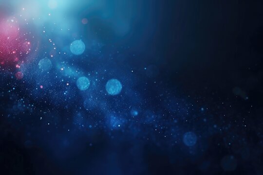 Abstract background with bright highlights of light. Dark blue backdrop with blue and white round light spots, bokeh of different colors, radiance