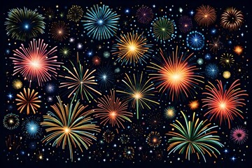 Fototapeta na wymiar Gorgeous multi-colored fireworks display on dark blue night sky, with copyspace 