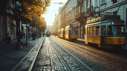 Foto op Plexiglas A historical city center with vintage trams and cobblestone streets late afternoon. © karl