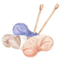 Three skeins of yarn and wooden knitting needles. Watercolor template illustration of tangles of...