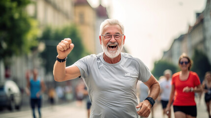 Fototapeta na wymiar Portrait of a Senior Male Jogger Running in a City Marathon and Being Cheered for by the Audience. Healthy and Fit Elderly Man Enjoying Physical Activity and Staying in Shape.
