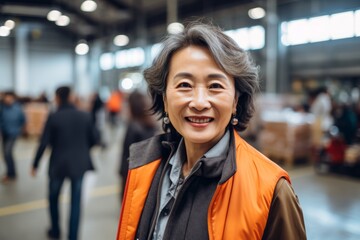 Portrait of a smiling asian woman in her 60s wearing a chic cardigan against a bustling factory floor. AI Generation