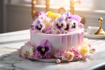 Fototapeta na wymiar Creative ideas for wedding cakes. cake decorated with edible flowers, violets, roses and daisies