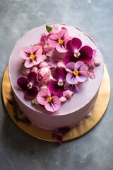 Obraz na płótnie Canvas Trending pastry ideas. Pink cake with icing decorated with edible flowers on a gold tray on a marble background.