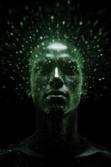 Man in Glowing Green Data Particles. concept virtual model of artificial intelligence