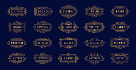 Golden art deco frames, vintage borders and labels, modern geometric ornament decoration isolated vector set. Retro-inspired luxury emblems for brand or premium product presentation and identity © Buch&Bee