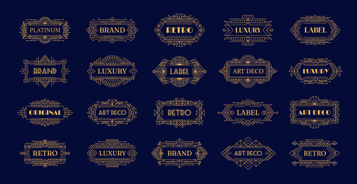 Naklejki Golden art deco frames, vintage borders and labels, modern geometric ornament decoration isolated vector set. Retro-inspired luxury emblems for brand or premium product presentation and identity