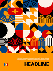 Modern abstract poster with geometric Bauhaus pattern. Vector contemporary background featuring a vibrant orange, red, blue and white colors, showcasing modern design principles with a dynamic fusion - 716655913